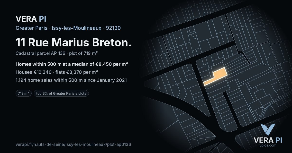11 Rue Marius Breton, Issy-les-Moulineaux at night – the plot lit, the parcels around coloured by the prices near them