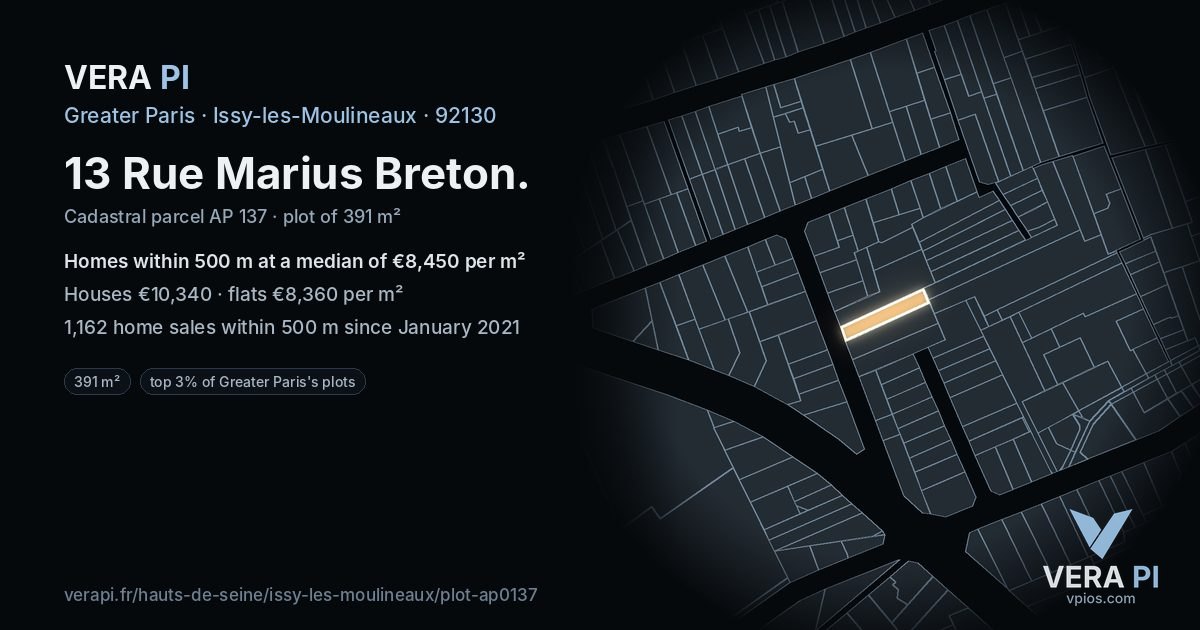 13 Rue Marius Breton, Issy-les-Moulineaux at night – the plot lit, the parcels around coloured by the prices near them