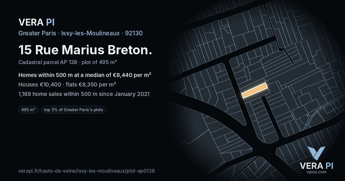 15 Rue Marius Breton, Issy-les-Moulineaux at night – the plot lit, the parcels around coloured by the prices near them