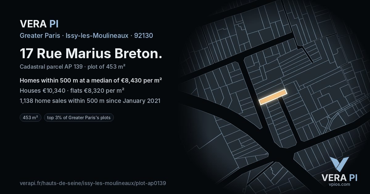 17 Rue Marius Breton, Issy-les-Moulineaux at night – the plot lit, the parcels around coloured by the prices near them