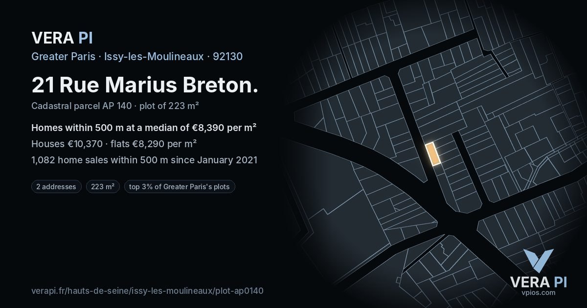 21 Rue Marius Breton, Issy-les-Moulineaux at night – the plot lit, the parcels around coloured by the prices near them
