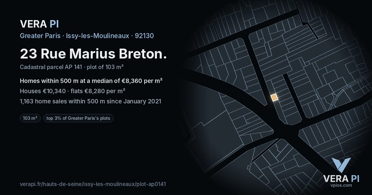 23 Rue Marius Breton, Issy-les-Moulineaux at night – the plot lit, the parcels around coloured by the prices near them