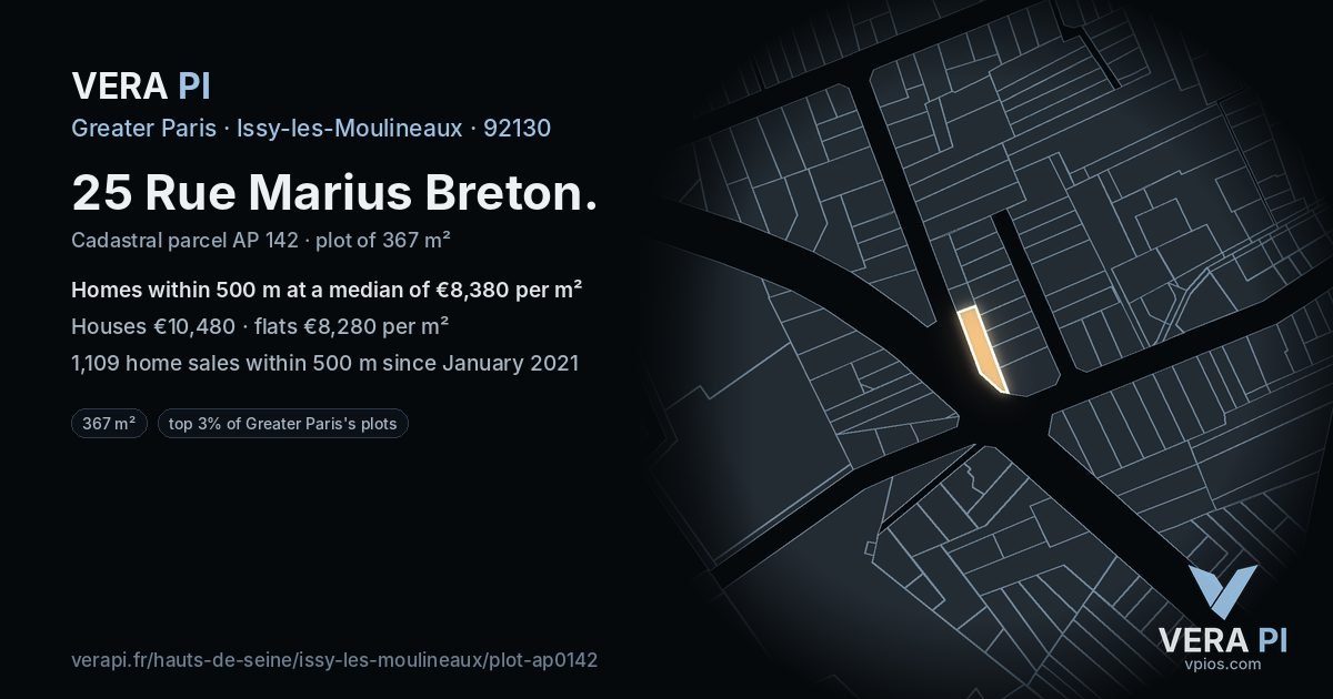 25 Rue Marius Breton, Issy-les-Moulineaux at night – the plot lit, the parcels around coloured by the prices near them