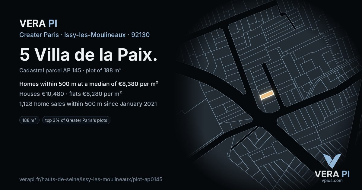 5 Villa de la Paix, Issy-les-Moulineaux at night – the plot lit, the parcels around coloured by the prices near them