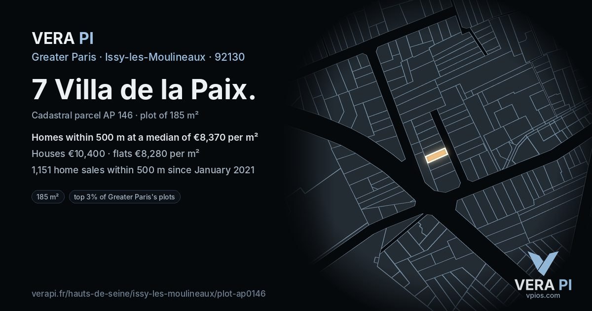 7 Villa de la Paix, Issy-les-Moulineaux at night – the plot lit, the parcels around coloured by the prices near them