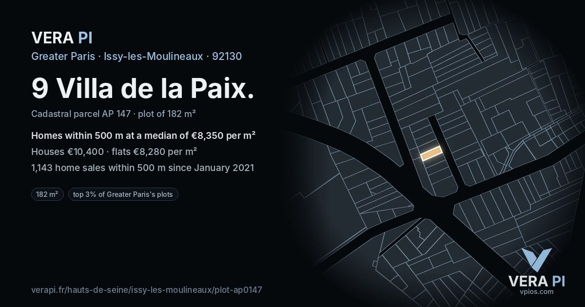 9 Villa de la Paix, Issy-les-Moulineaux at night – the plot lit, the parcels around coloured by the prices near them