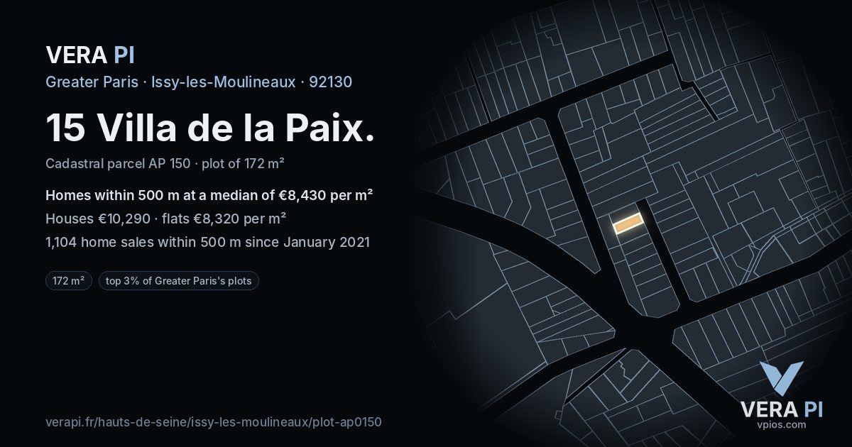 15 Villa de la Paix, Issy-les-Moulineaux at night – the plot lit, the parcels around coloured by the prices near them