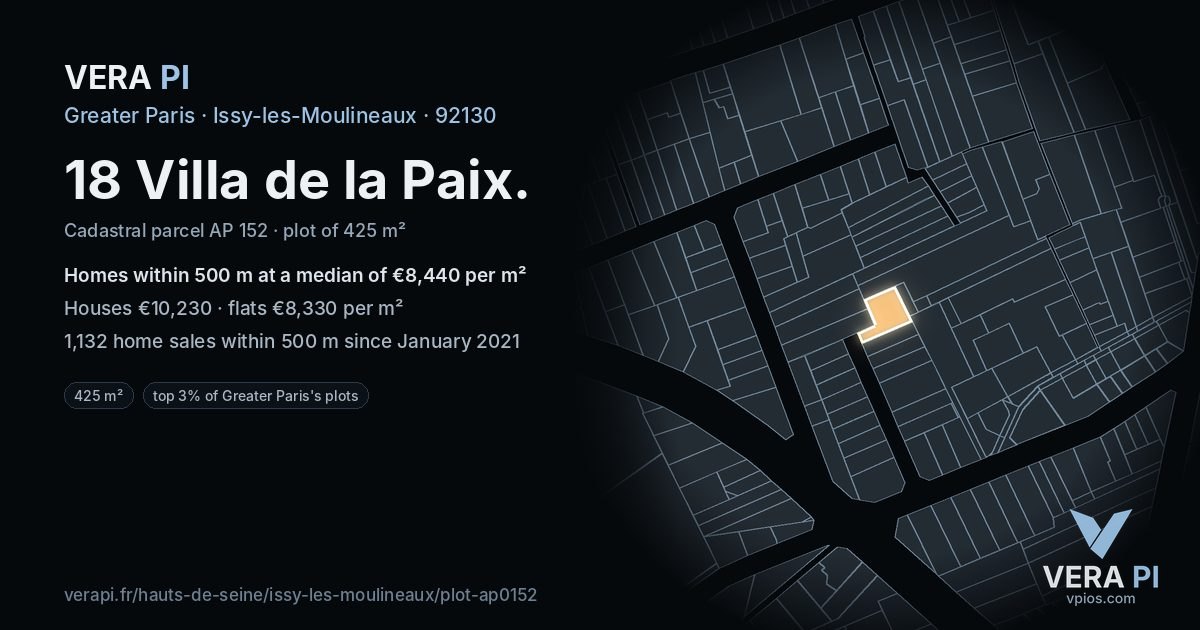 18 Villa de la Paix, Issy-les-Moulineaux at night – the plot lit, the parcels around coloured by the prices near them