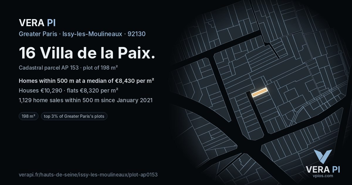 16 Villa de la Paix, Issy-les-Moulineaux at night – the plot lit, the parcels around coloured by the prices near them
