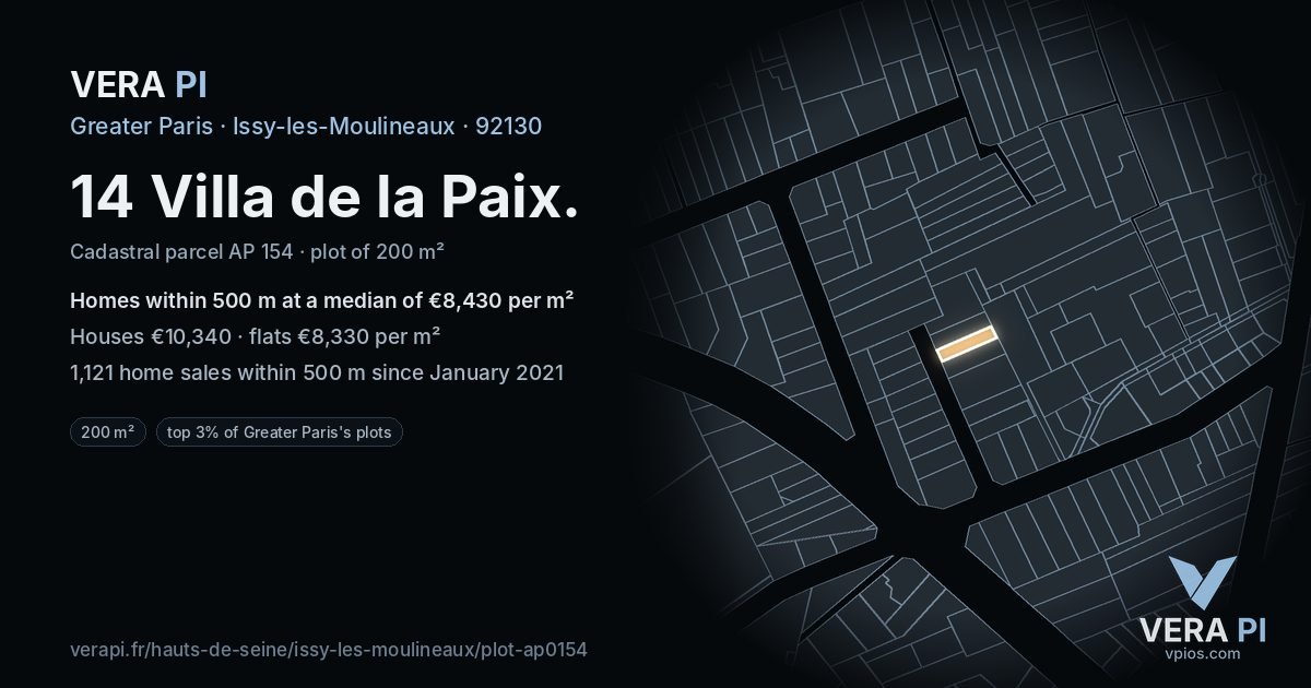 14 Villa de la Paix, Issy-les-Moulineaux at night – the plot lit, the parcels around coloured by the prices near them