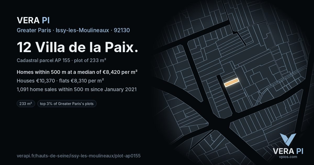 12 Villa de la Paix, Issy-les-Moulineaux at night – the plot lit, the parcels around coloured by the prices near them