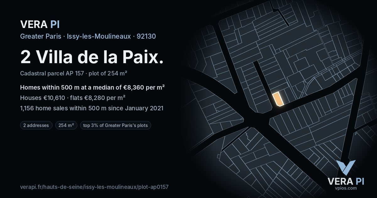 2 Villa de la Paix, Issy-les-Moulineaux at night – the plot lit, the parcels around coloured by the prices near them