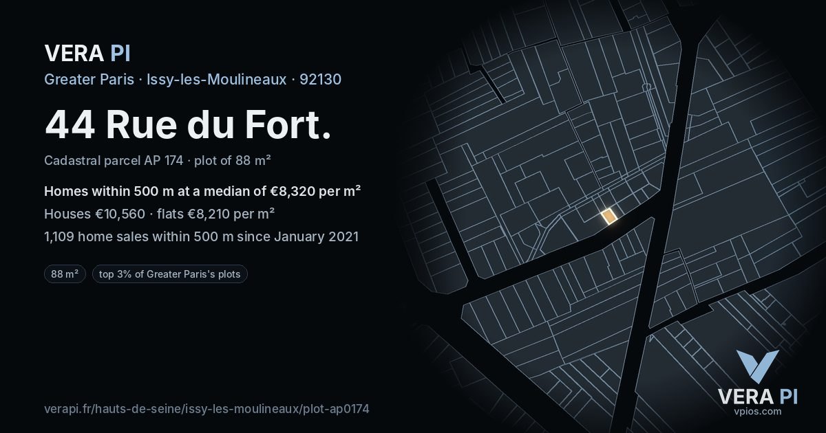 44 Rue du Fort, Issy-les-Moulineaux at night – the plot lit, the parcels around coloured by the prices near them