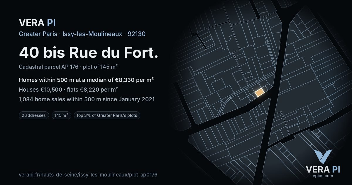40 bis Rue du Fort, Issy-les-Moulineaux at night – the plot lit, the parcels around coloured by the prices near them