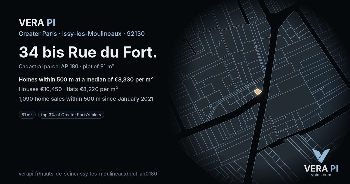 34 bis Rue du Fort, Issy-les-Moulineaux at night – the plot lit, the parcels around coloured by the prices near them