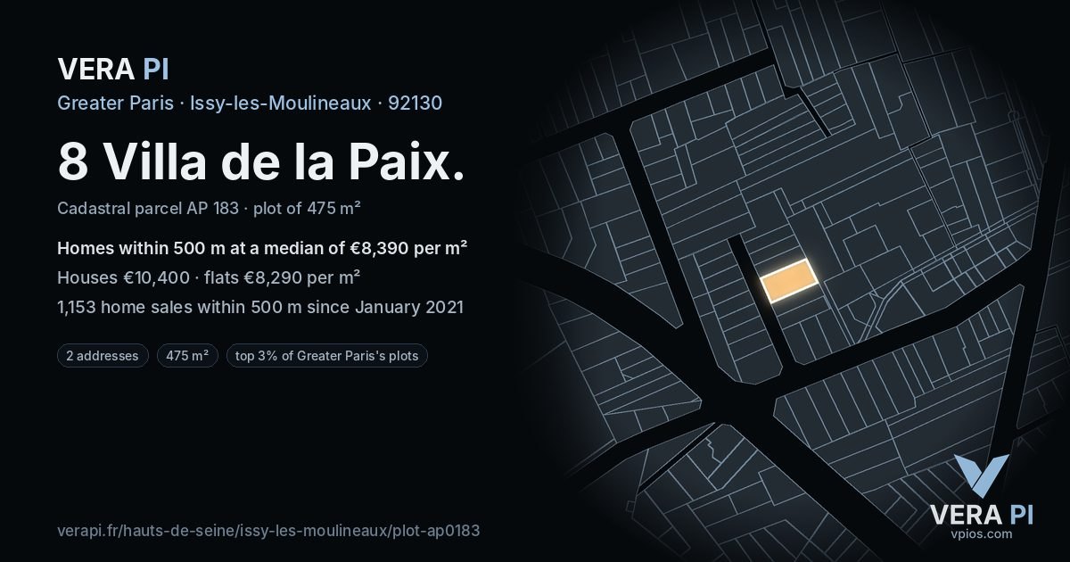 8 Villa de la Paix, Issy-les-Moulineaux at night – the plot lit, the parcels around coloured by the prices near them