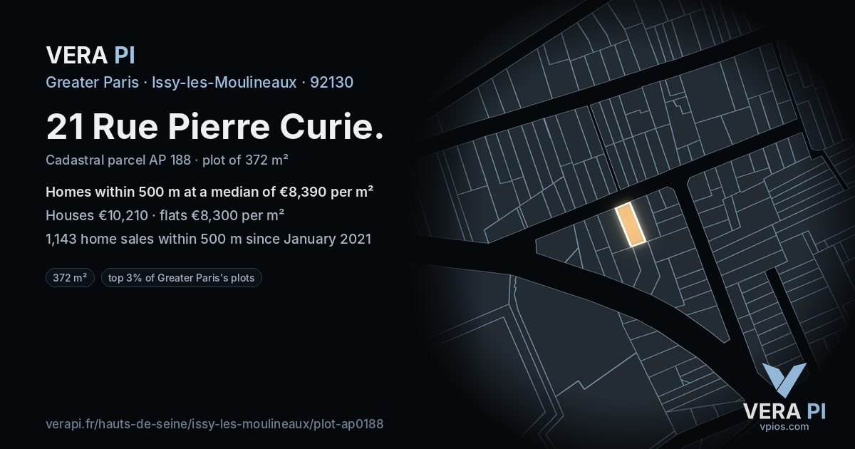 21 Rue Pierre Curie, Issy-les-Moulineaux at night – the plot lit, the parcels around coloured by the prices near them