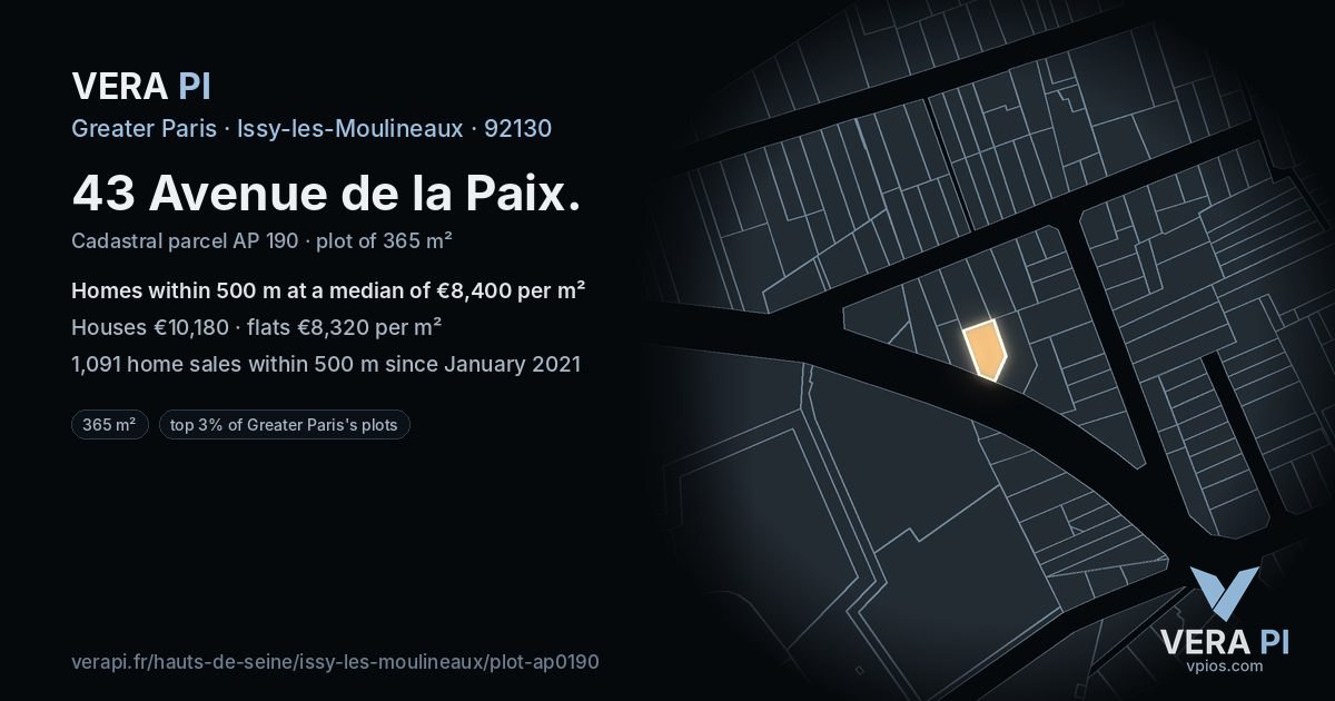 43 Avenue de la Paix, Issy-les-Moulineaux at night – the plot lit, the parcels around coloured by the prices near them