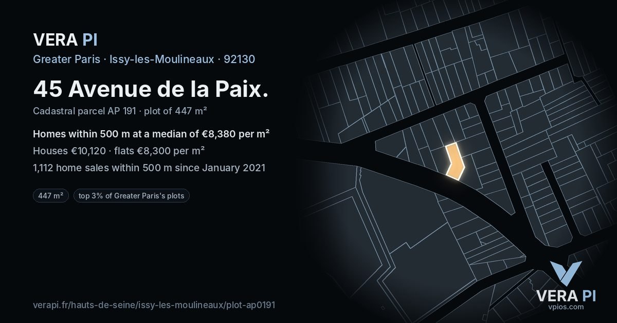 45 Avenue de la Paix, Issy-les-Moulineaux at night – the plot lit, the parcels around coloured by the prices near them