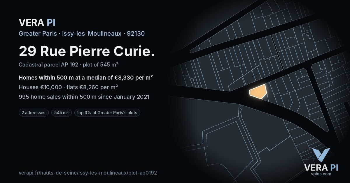 29 Rue Pierre Curie, Issy-les-Moulineaux at night – the plot lit, the parcels around coloured by the prices near them