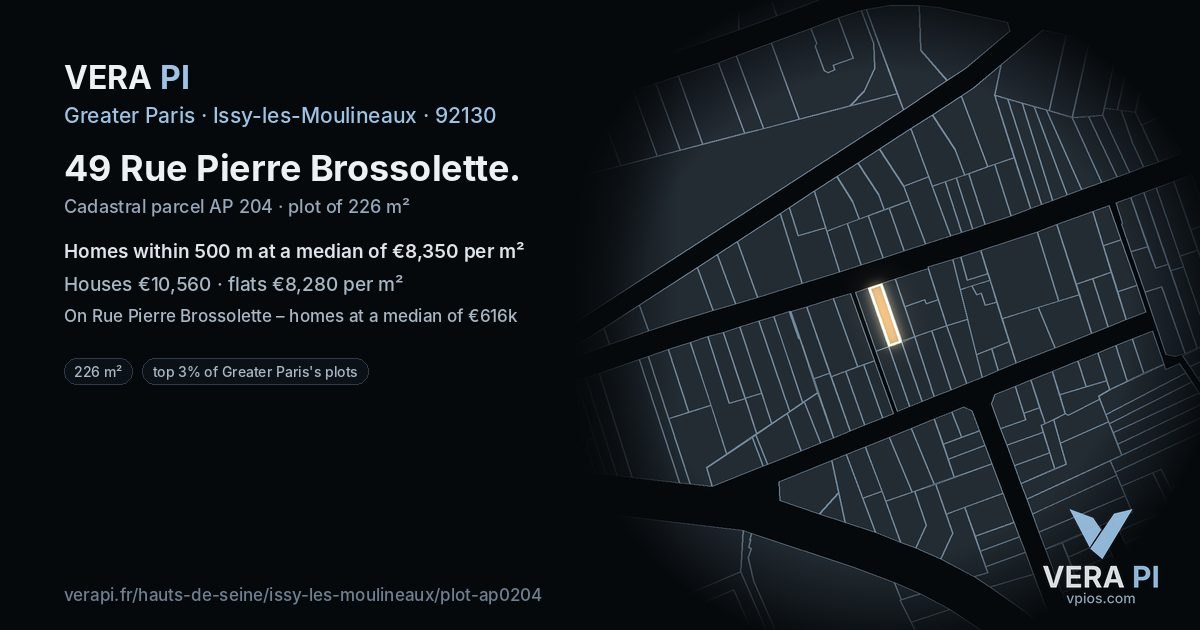 49 Rue Pierre Brossolette, Issy-les-Moulineaux at night – the plot lit, the parcels around coloured by the prices near them