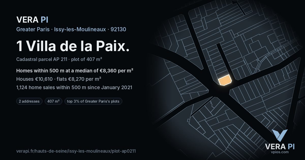 1 Villa de la Paix, Issy-les-Moulineaux at night – the plot lit, the parcels around coloured by the prices near them