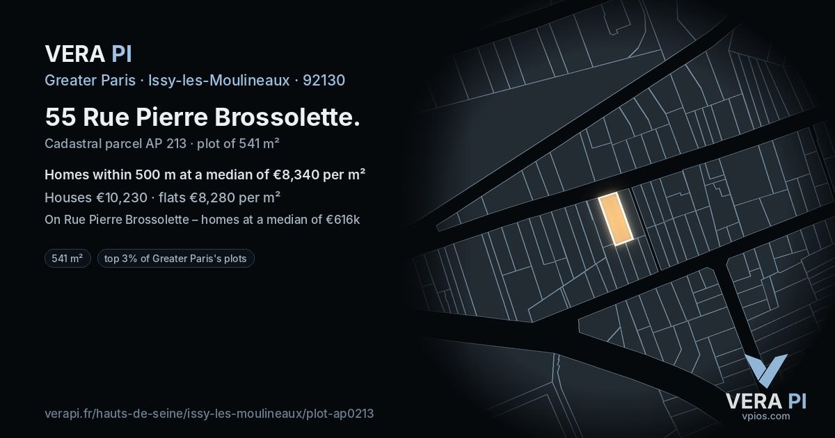 55 Rue Pierre Brossolette, Issy-les-Moulineaux at night – the plot lit, the parcels around coloured by the prices near them