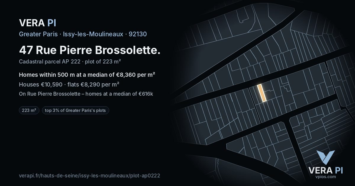 47 Rue Pierre Brossolette, Issy-les-Moulineaux at night – the plot lit, the parcels around coloured by the prices near them
