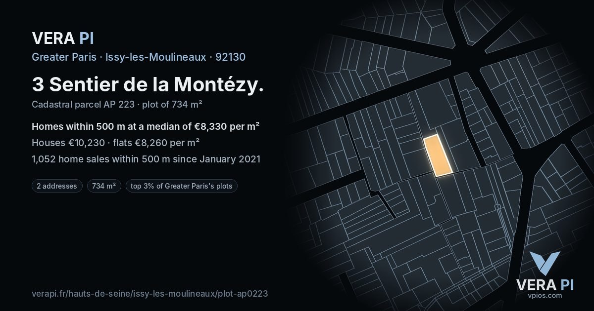 3 Sentier de la Montézy, Issy-les-Moulineaux at night – the plot lit, the parcels around coloured by the prices near them