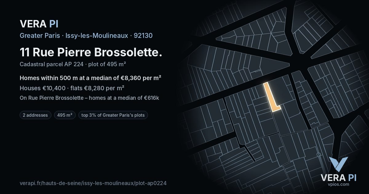 11 Rue Pierre Brossolette, Issy-les-Moulineaux at night – the plot lit, the parcels around coloured by the prices near them