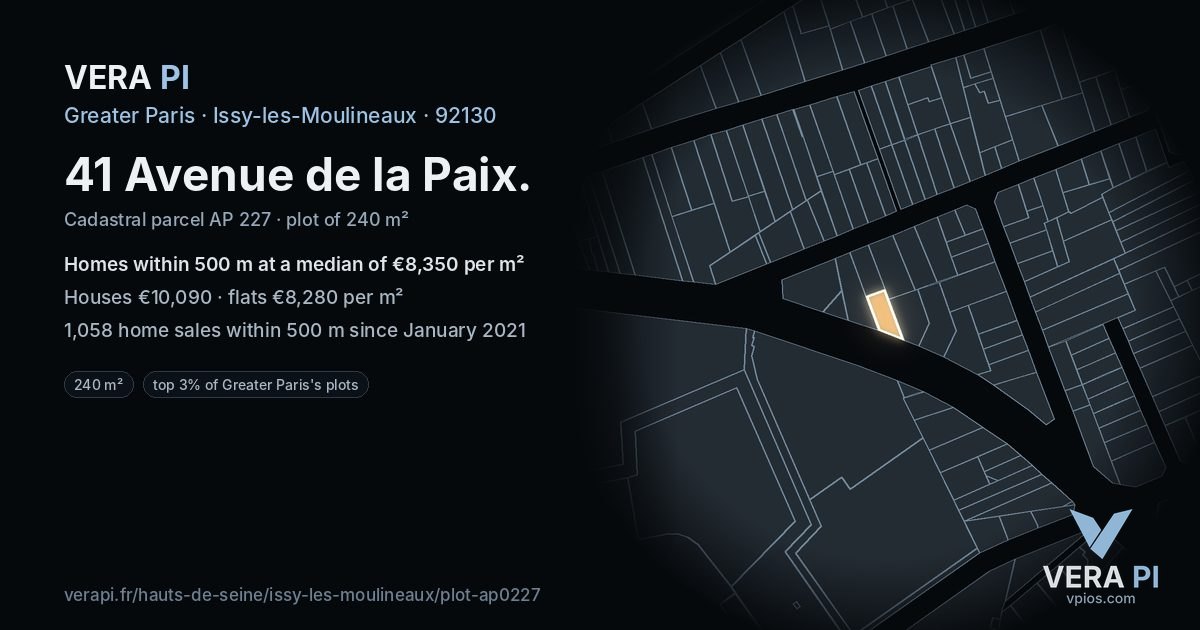 41 Avenue de la Paix, Issy-les-Moulineaux at night – the plot lit, the parcels around coloured by the prices near them