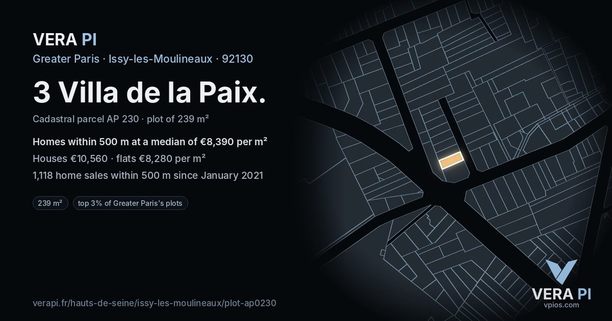 3 Villa de la Paix, Issy-les-Moulineaux at night – the plot lit, the parcels around coloured by the prices near them