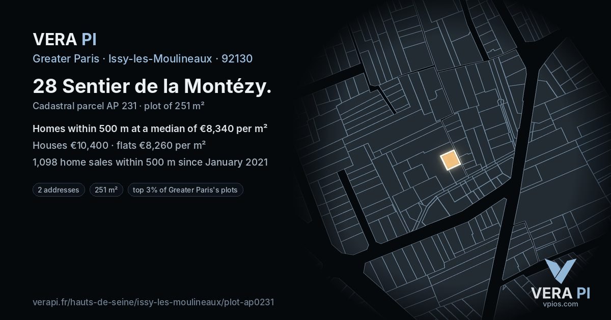28 Sentier de la Montézy, Issy-les-Moulineaux at night – the plot lit, the parcels around coloured by the prices near them