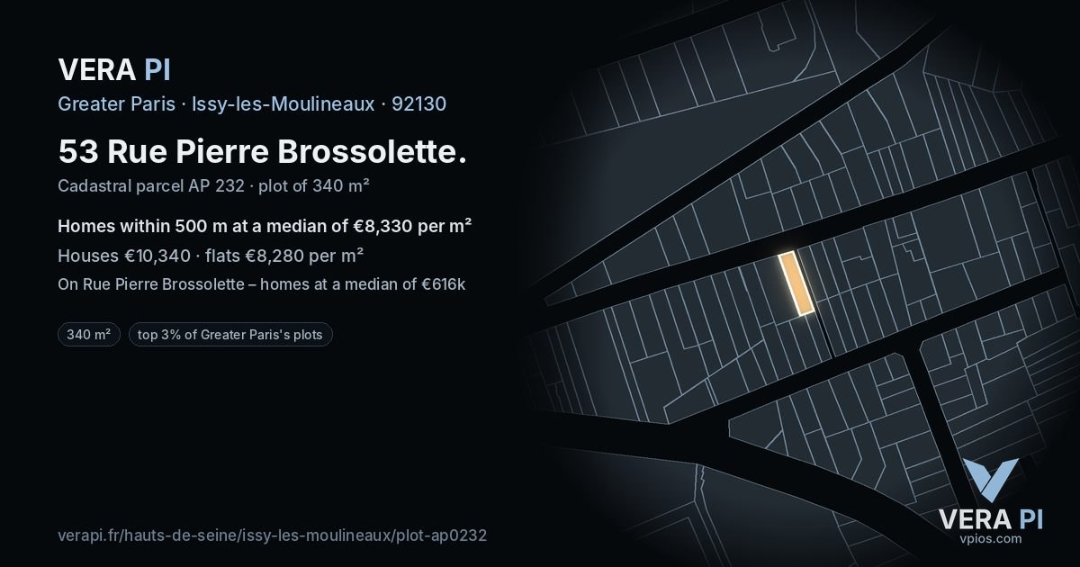 53 Rue Pierre Brossolette, Issy-les-Moulineaux at night – the plot lit, the parcels around coloured by the prices near them