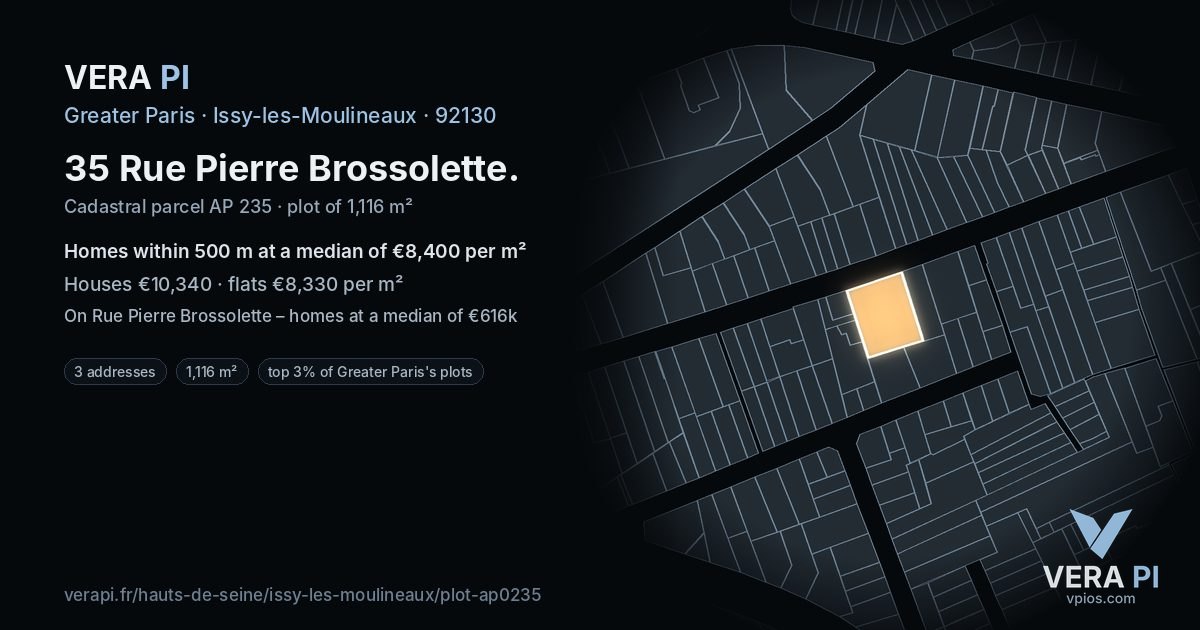 35 Rue Pierre Brossolette, Issy-les-Moulineaux at night – the plot lit, the parcels around coloured by the prices near them