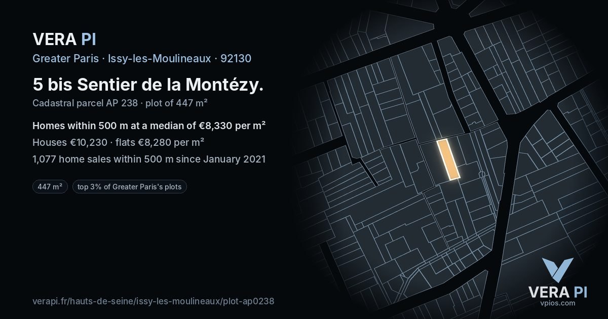 5 bis Sentier de la Montézy, Issy-les-Moulineaux at night – the plot lit, the parcels around coloured by the prices near them