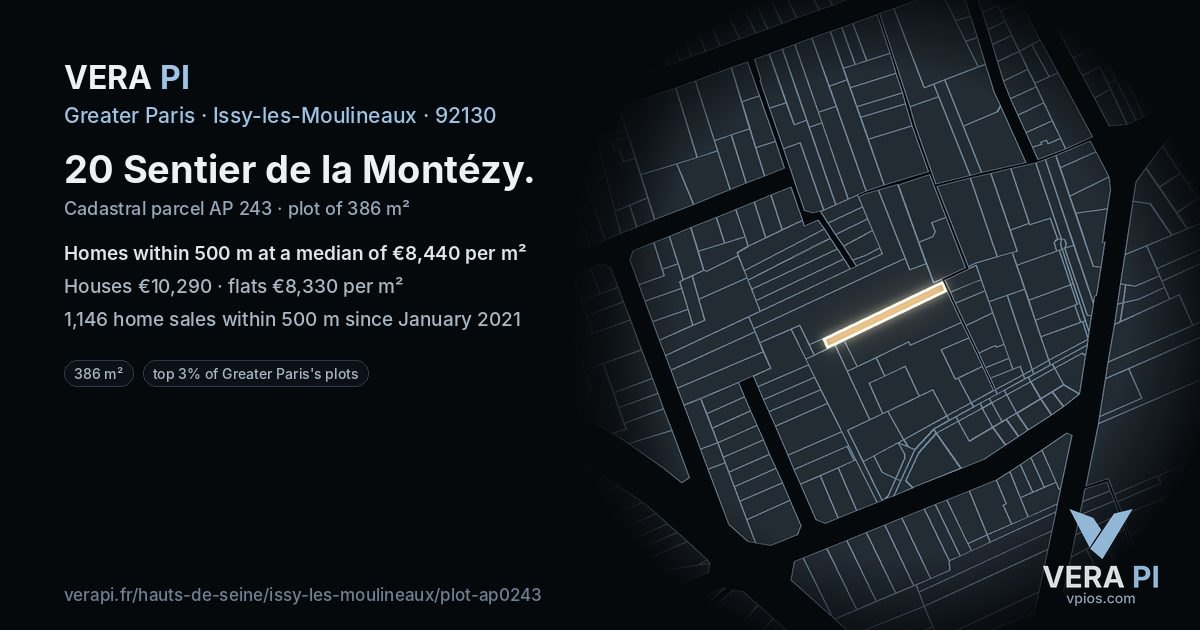 20 Sentier de la Montézy, Issy-les-Moulineaux at night – the plot lit, the parcels around coloured by the prices near them