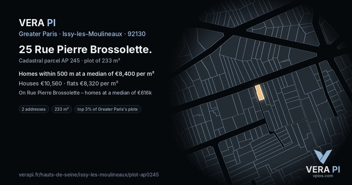25 Rue Pierre Brossolette, Issy-les-Moulineaux at night – the plot lit, the parcels around coloured by the prices near them
