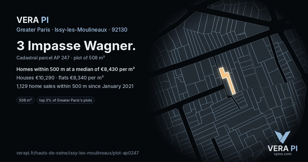 3 Impasse Wagner, Issy-les-Moulineaux at night – the plot lit, the parcels around coloured by the prices near them