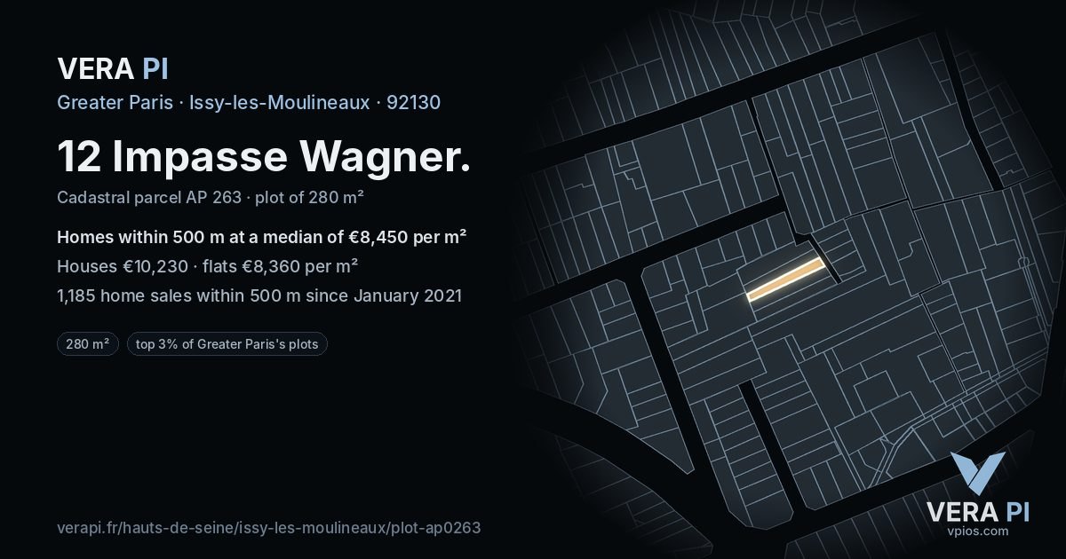 12 Impasse Wagner, Issy-les-Moulineaux at night – the plot lit, the parcels around coloured by the prices near them