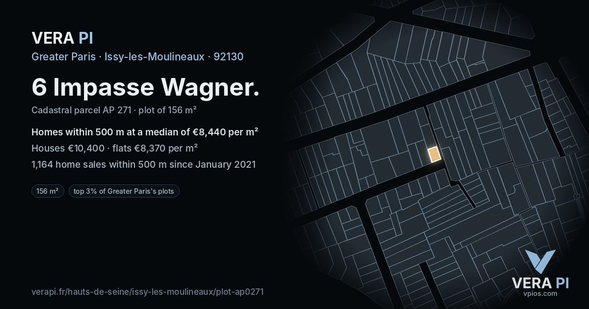 6 Impasse Wagner, Issy-les-Moulineaux at night – the plot lit, the parcels around coloured by the prices near them