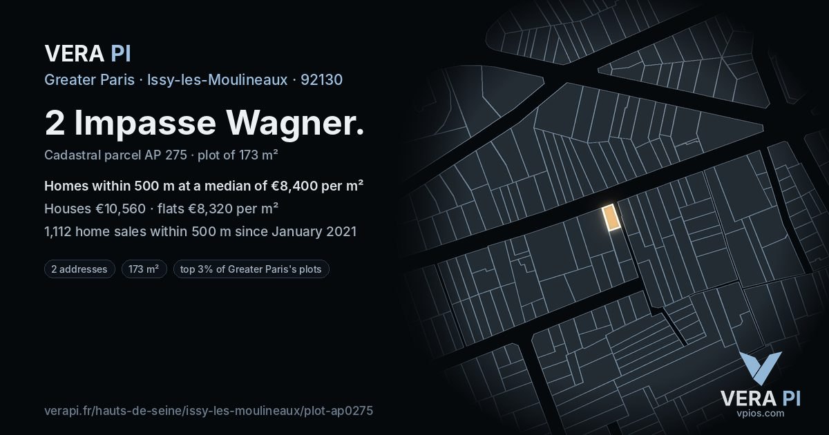 2 Impasse Wagner, Issy-les-Moulineaux at night – the plot lit, the parcels around coloured by the prices near them