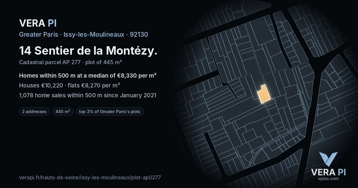 14 Sentier de la Montézy, Issy-les-Moulineaux at night – the plot lit, the parcels around coloured by the prices near them