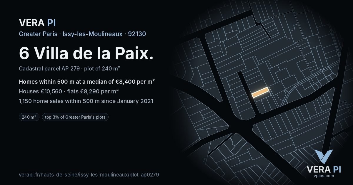 6 Villa de la Paix, Issy-les-Moulineaux at night – the plot lit, the parcels around coloured by the prices near them