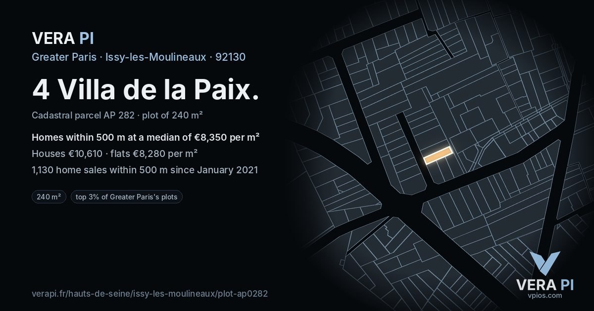 4 Villa de la Paix, Issy-les-Moulineaux at night – the plot lit, the parcels around coloured by the prices near them