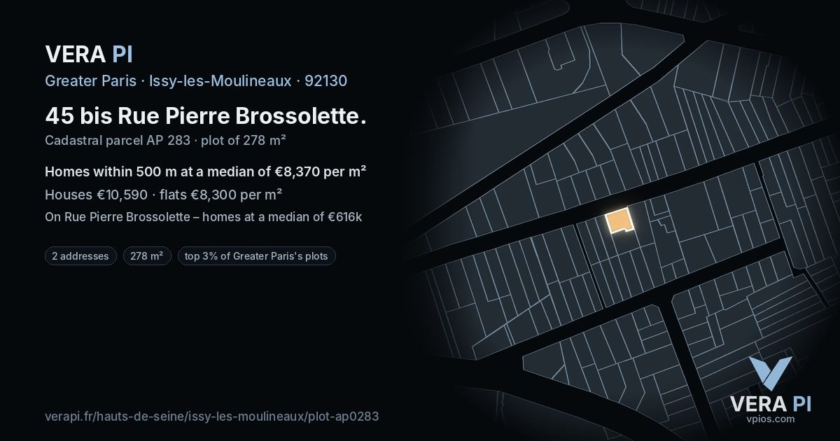 45 bis Rue Pierre Brossolette, Issy-les-Moulineaux at night – the plot lit, the parcels around coloured by the prices near them