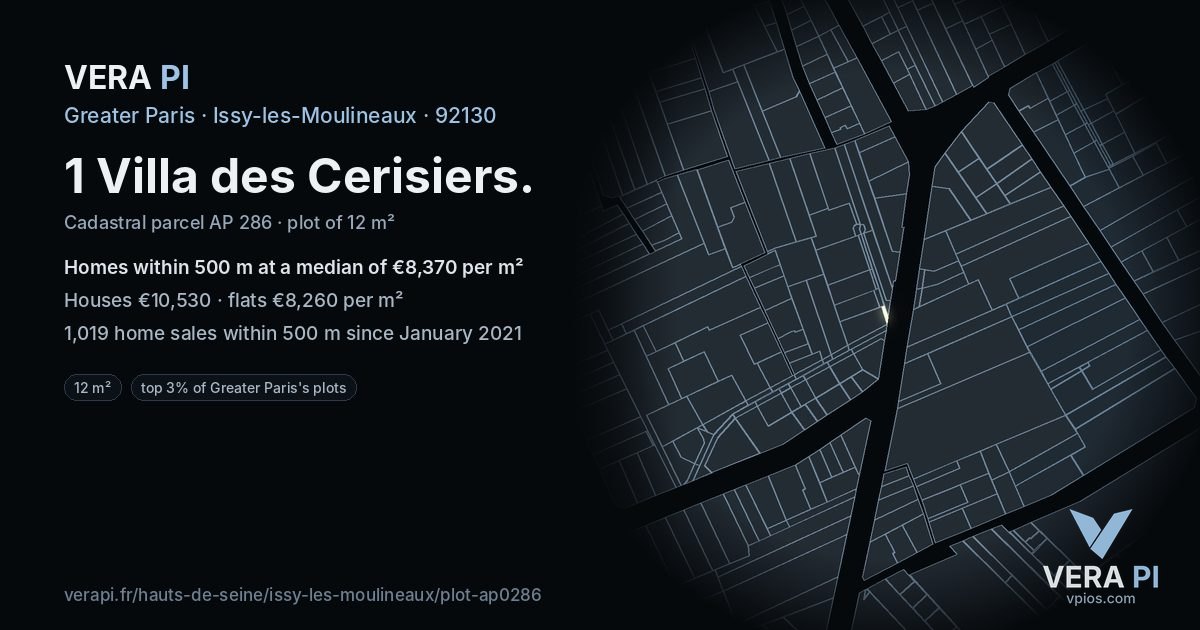 1 Villa des Cerisiers, Issy-les-Moulineaux at night – the plot lit, the parcels around coloured by the prices near them
