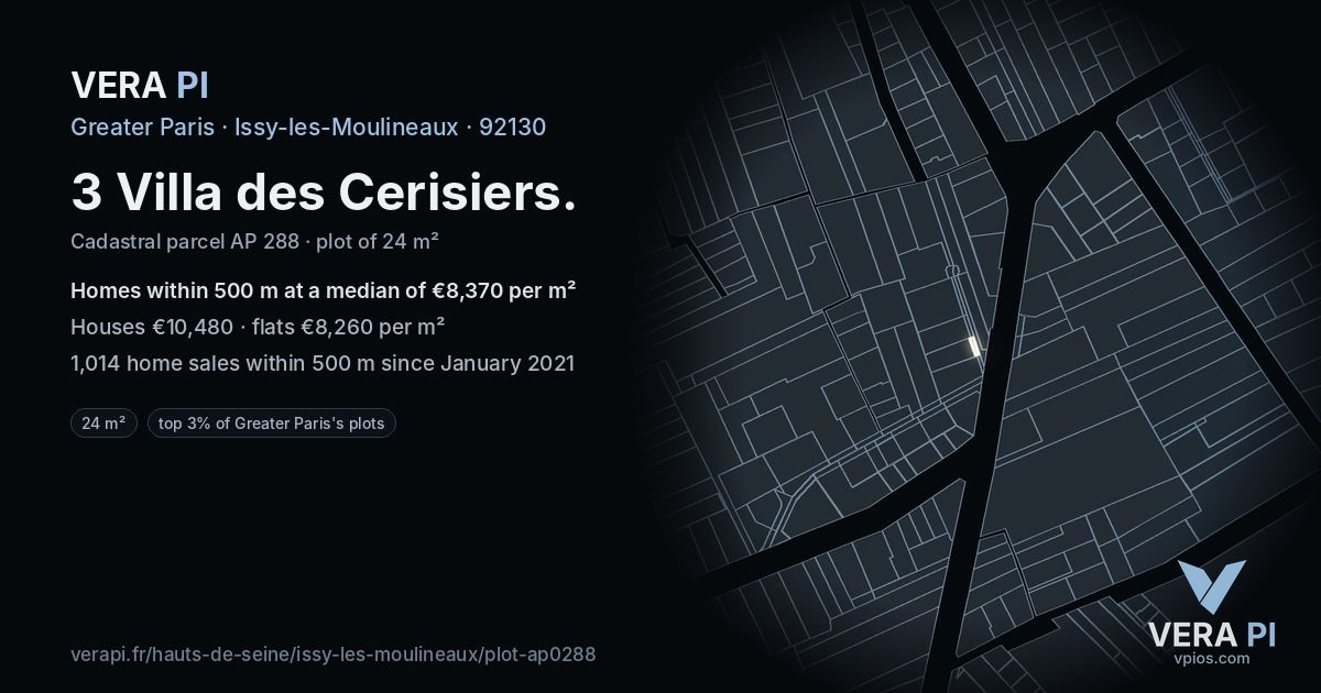 3 Villa des Cerisiers, Issy-les-Moulineaux at night – the plot lit, the parcels around coloured by the prices near them