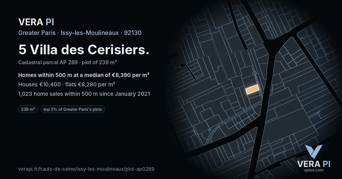 5 Villa des Cerisiers, Issy-les-Moulineaux at night – the plot lit, the parcels around coloured by the prices near them