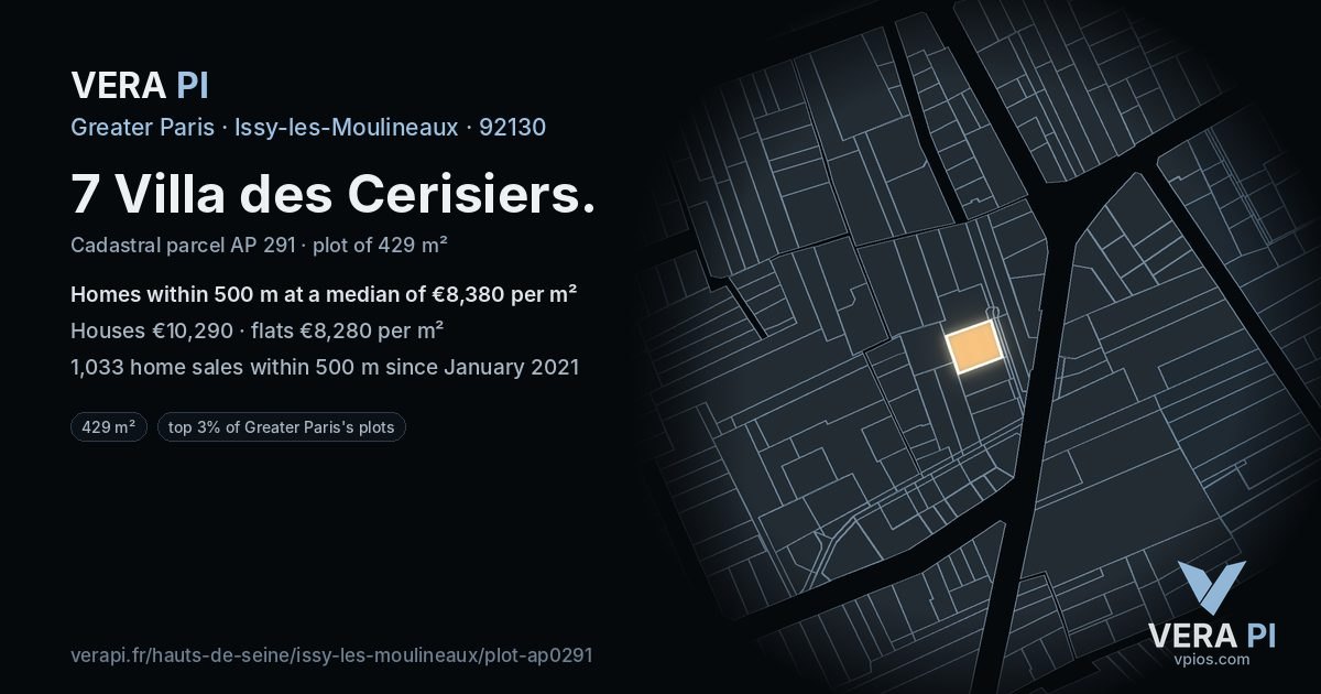 7 Villa des Cerisiers, Issy-les-Moulineaux at night – the plot lit, the parcels around coloured by the prices near them